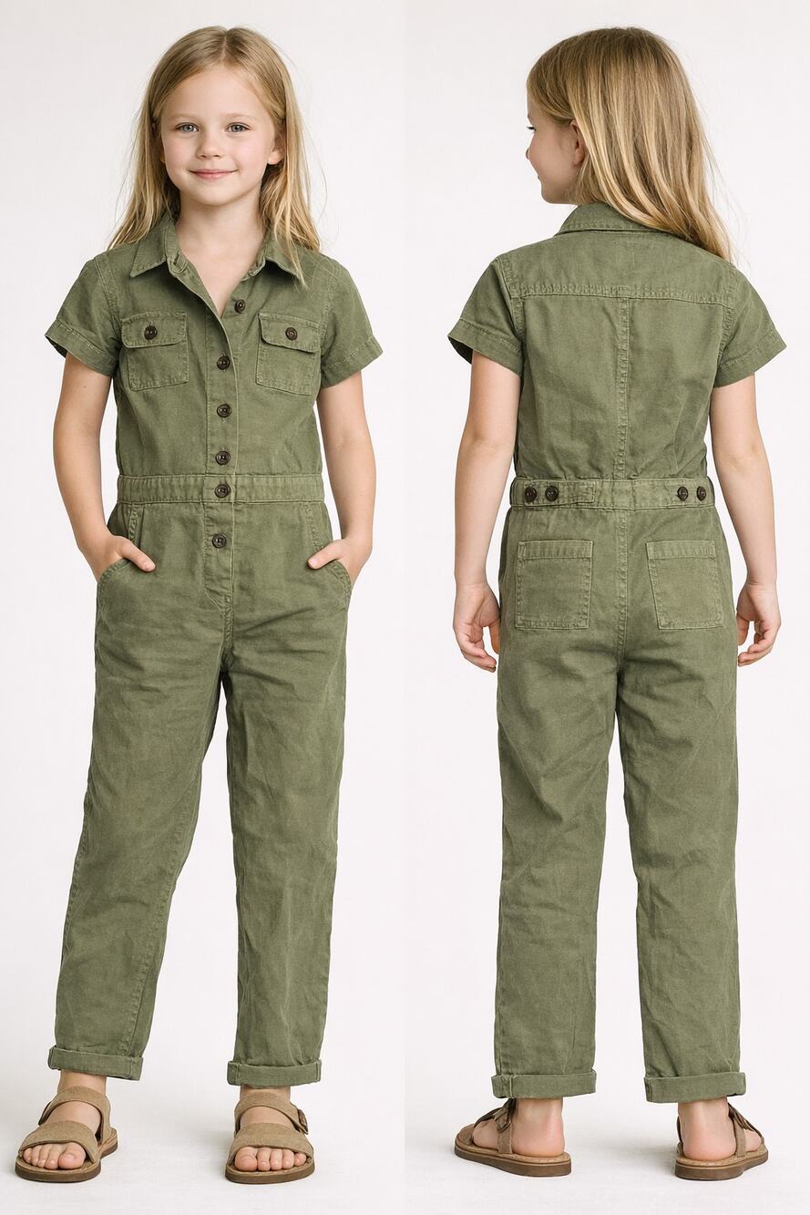 Outerknown S.E.A Utility Jumpsuit Olive Organic Cotton Linen Short Sleeve Kids 7